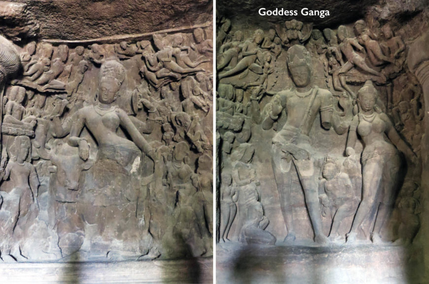 Ardhanarishvara (left) and Shiva supports the descent of the river Ganges (right), Elephanta's Cave of Shiva, c. 6th century C.E. Gharapuri island (photo: Arathi Menon, CC BY-SA 4.0)