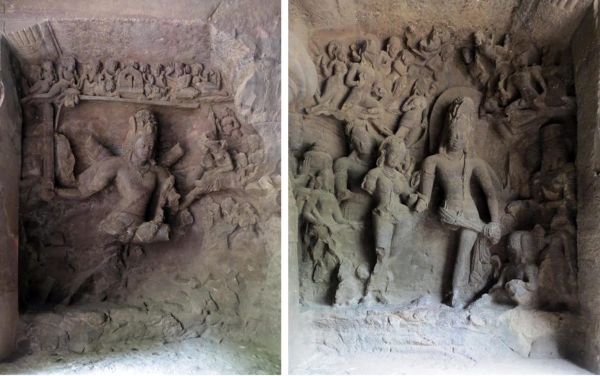 Shiva impales the demon Andhaka (left) and Shiva and Parvati marry (right), Elephanta's Cave of Shiva, c. 6th century C.E. Gharapuri island (photo: Arathi Menon, CC BY-SA 4.0)