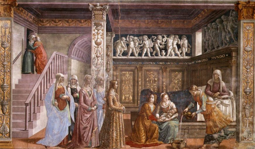 Domenico Ghirlandaio, Birth of the Virgin, c. 1485-90 fresco, 24′ 4″ x 14′ 9″ (Cappella Maggiore, Santa Maria Novella, Florence)