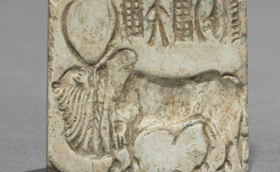 Seal with two-horned bull and inscription, Indus Valley Civilization, c. 2000 B.C.E., steatite, 1 1/4 x 1 1/4 inches (Cleveland Museum of Art)