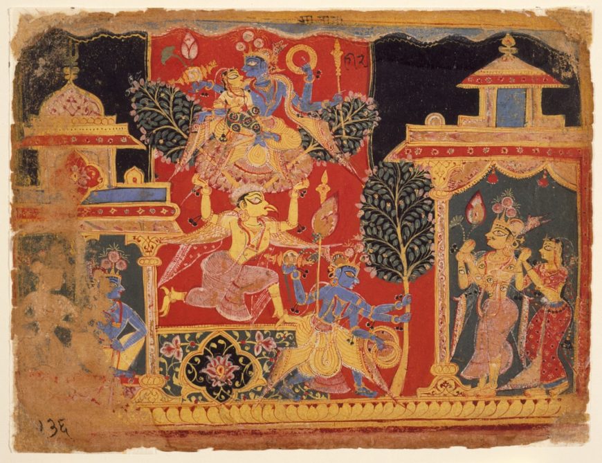 Krishna Uprooting the Parijata Tree from a Bhagavata Purana manuscript, 1525–50, made in Delhi region or Rajasthan, India. Opaque watercolor and ink on paper, 7 1/4 × 9 1/2 in. Los Angeles County Museum of Art, from the Nasli and Alice Heeramaneck Collection, Museum Associates Purchase, M.72.1.26. Photo © Museum Associates/LACMA