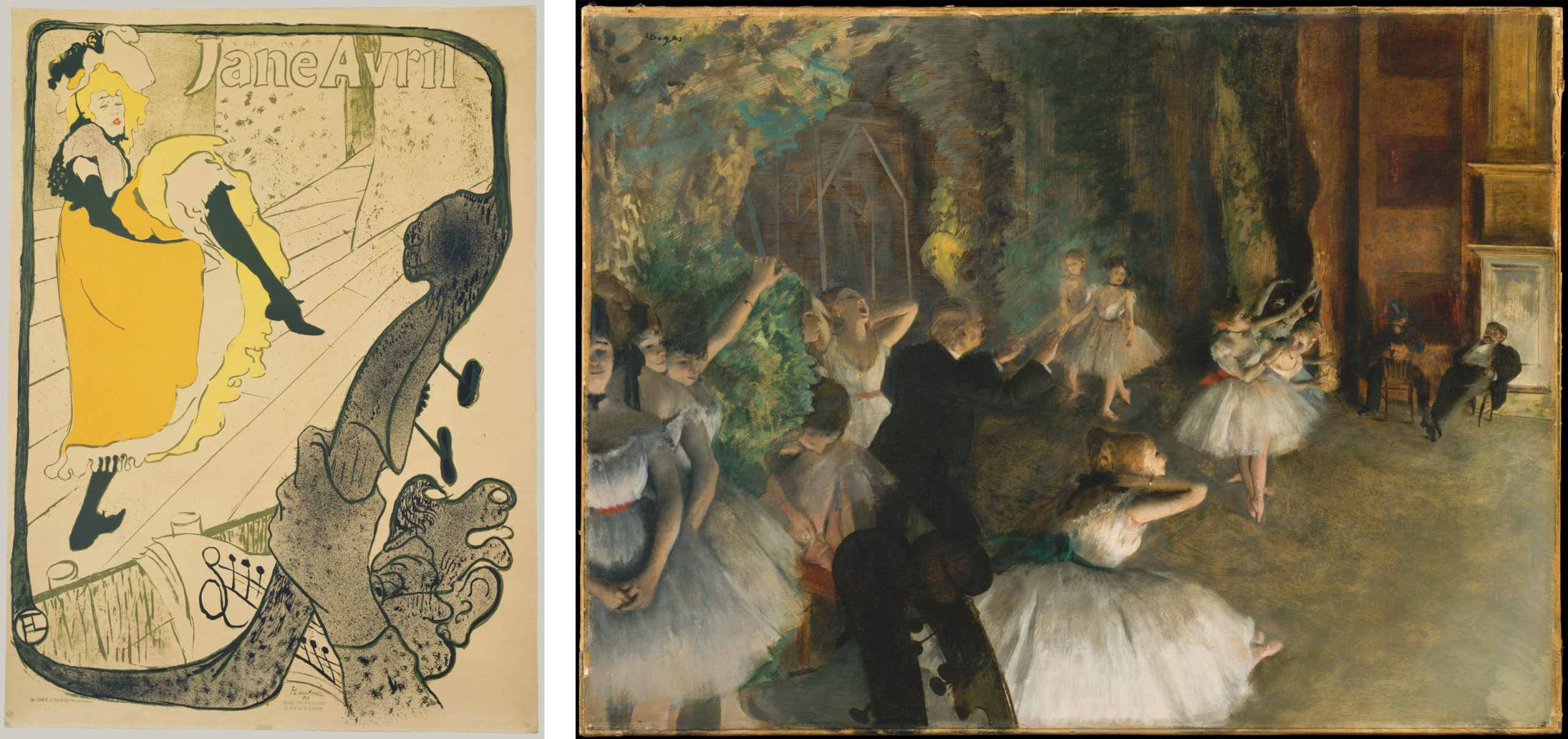Left: Henri de Toulouse-Lautrec, Jane Avril, lithograph on paper, 50 13/16 x 36 13/16 inches (The Metropolitan Museum of Art); Right: Edgar Degas, The Rehearsal of the Ballet Onstage, c. 1874, oil on paper, 21 3/8 x 28 3/4” (The Metropolitan Museum of Art)
