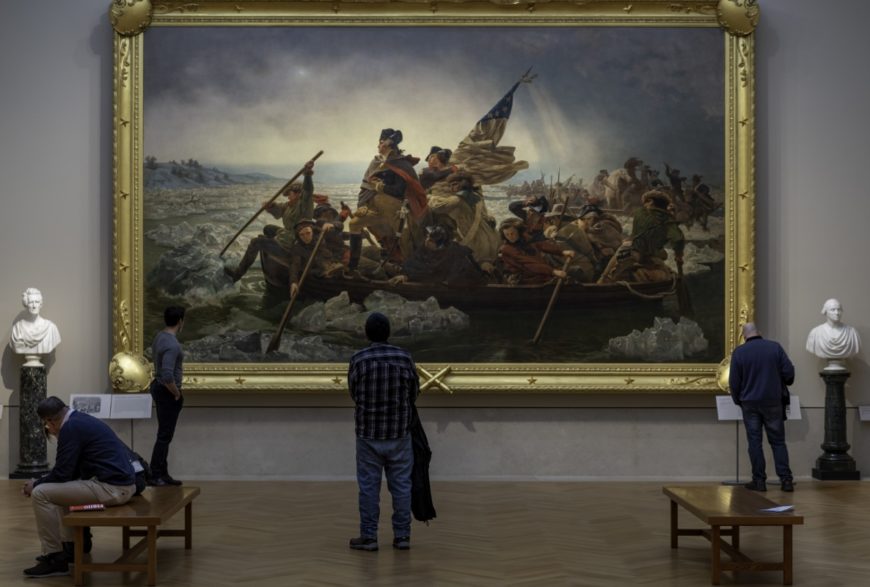 Viewers in front of Emanuel Leutze, <em>Washington Crossing the Delaware</em>, 1851, oil on canvas, 378.5 x 647.7 cm (The Metropolitan Museum of Art, New York)