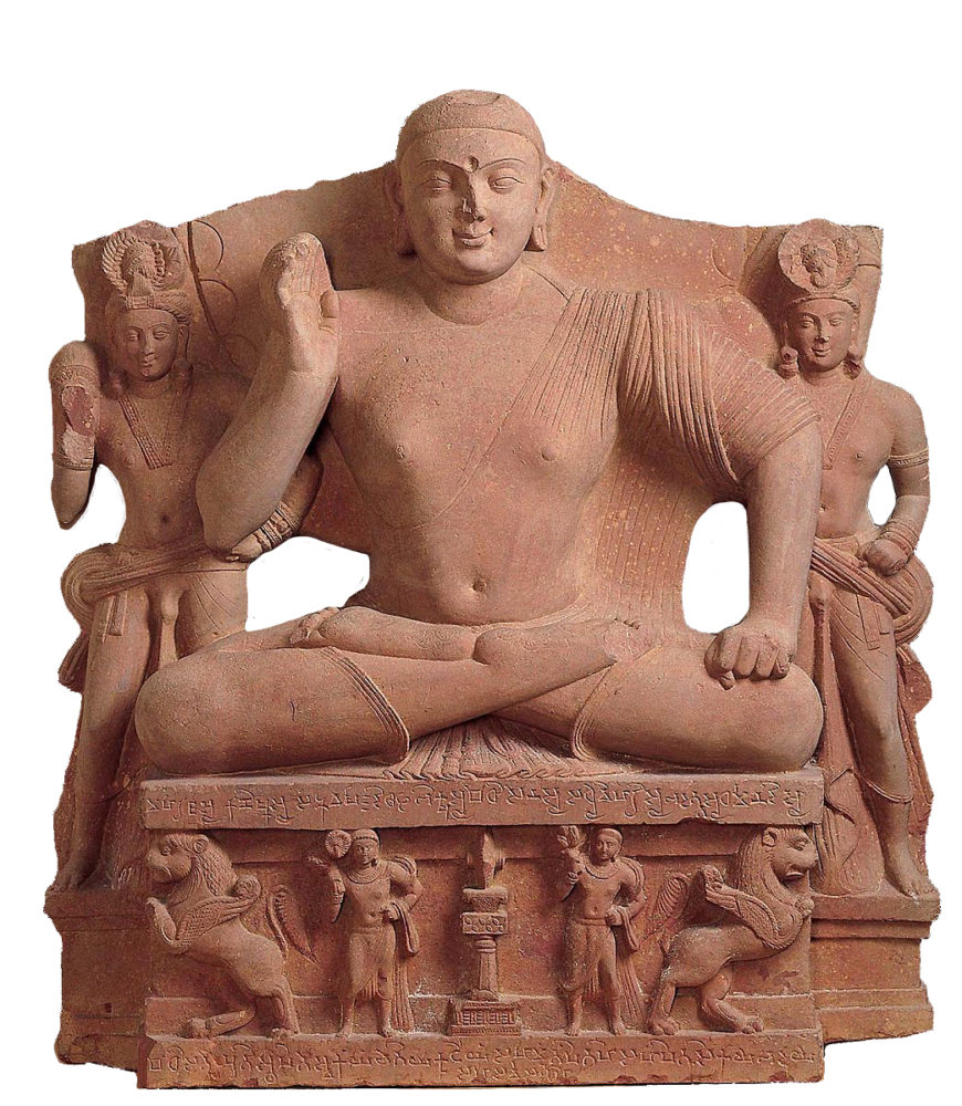 Seated Buddha with Two Attendants, c. 132 C.E., Kushan period, from Mathura, red sandstone, 36 5/8 x 33 5/8 x 6 5/16 inches (Kimbell Art Museum)