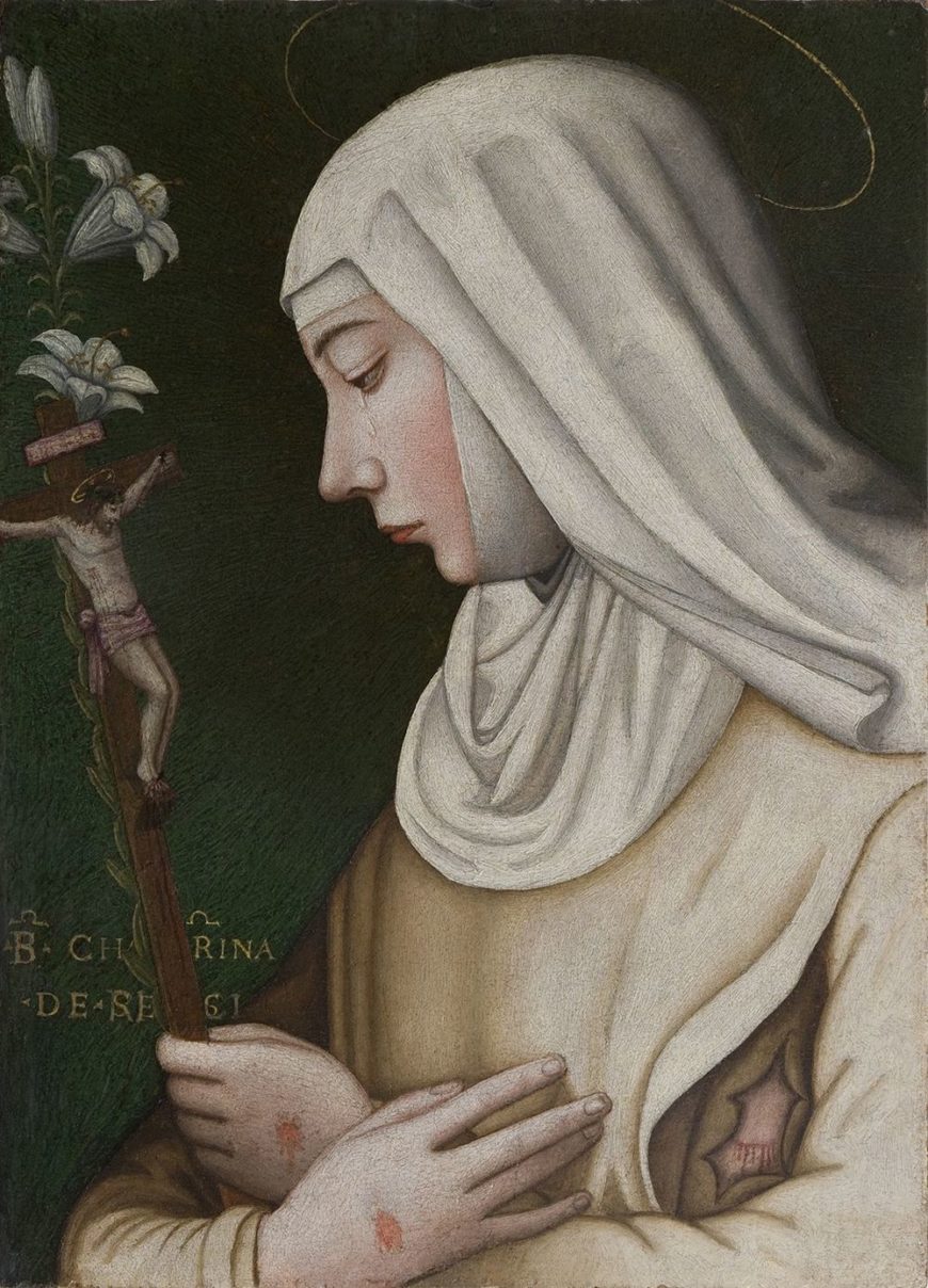 Plautilla Nelli (and workshop?), St. Catherine with lily, c.1550s-1560s, Oil on canvas. Dimensions: 38 x 37.5 cm. One of several known copies from Nelli’s workshop.
