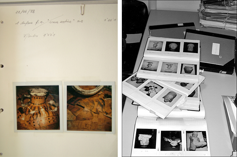 Left: Image of an Amphora from the Becchina Archive (Courtesy of Dr. Christos Tsirogiannis); Right: Polaroids seized in Giacomo Medici’s warehouse