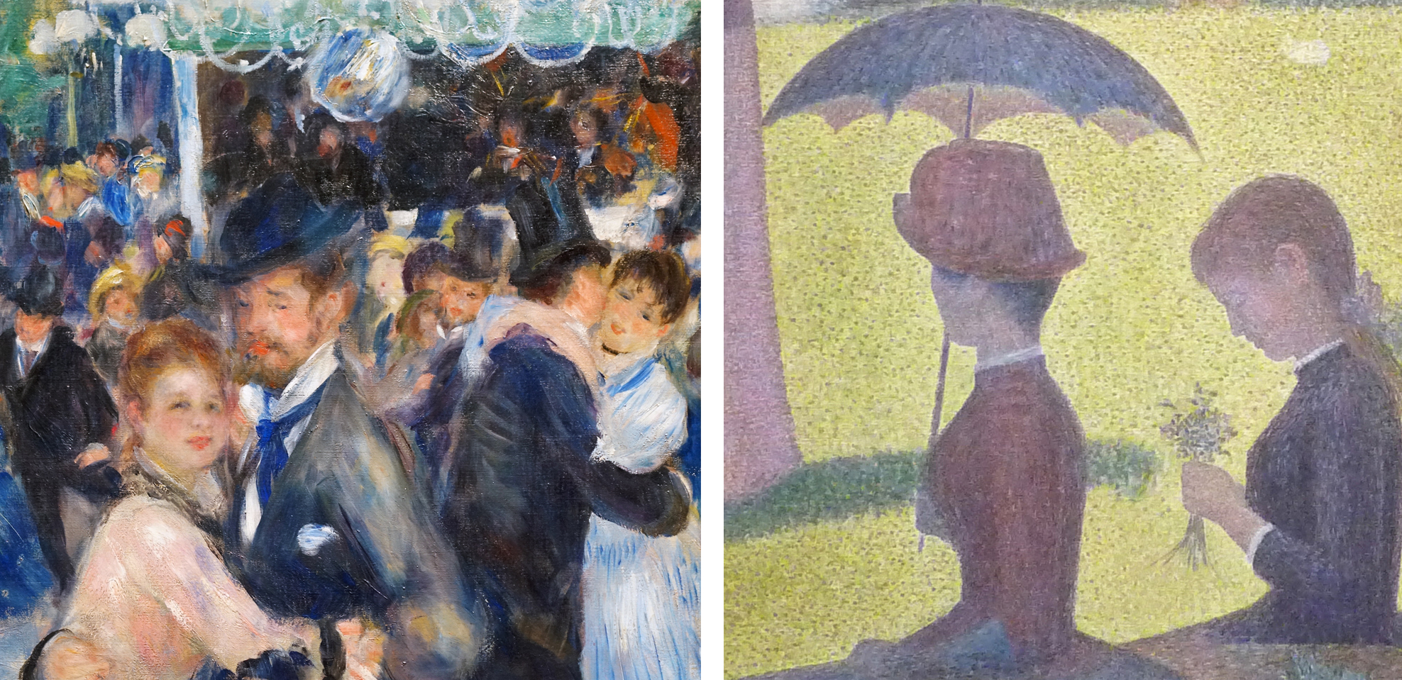 Left: Pierre-Auguste Renoir, Bal du Moulin de la Galette, detail, 1876, oil on canvas, 131 x 175 cm (Musée d’Orsay); Right: Georges Seurat, A Sunday on La Grande Jatte, detail, 1884-86, oil on canvas, 207.5 x 308.1 cm (Art Institute of Chicago)