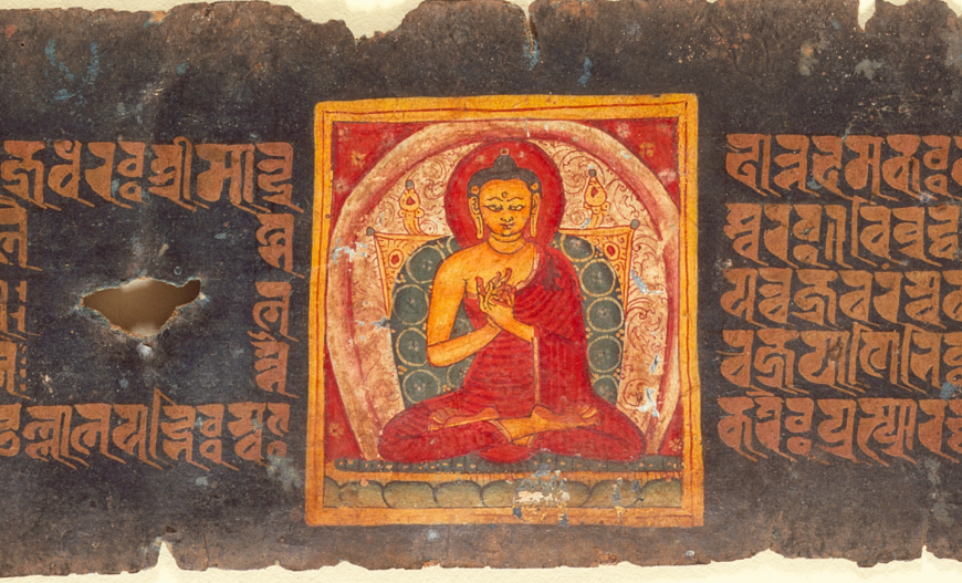 Buddha Shakyamuni (detail) from a Paramartha Namasangiti manuscript, about 1200, made in Nepal. Opaque watercolor and gold on paper, 3 × 10 7/8 in. (full sheet). Los Angeles County Museum of Art, gift of Peter Smoot in memory of Herbert R. Cole, M.83.7.1. Image: www.lacma.org