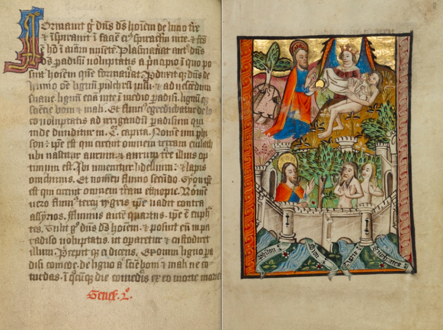 El Jardín del Edén en una Vita Christi ilustrada con suplementos devocionales, alrededor de 1490, hecha en East Anglia, Inglaterra. El Museo J. Paul Getty, Sra. 101 (2008.3), fols. 7v—8. Imagen digital (derecha) cortesía del Programa de Contenido Abierto de Getty