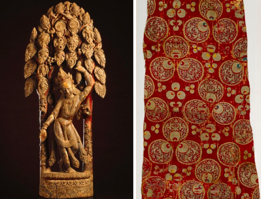 Çintemani Lokeshvara, circa sixteenth century, made in Nepal. Wood with paint, 52 1/2 in. high. Los Angeles County Museum of Art, gift of Anna Bing Arnold, M.84.93. Fragment of a Dress or Furnishing Fabric with Çintemani Design, mid-sixteenth century, made in Bursa or Istanbul. Los Angeles County Museum of Art, the Edwin Binney the 3rd Collection of Turkish Art, M.85.237.1. Images: www.lacma.org