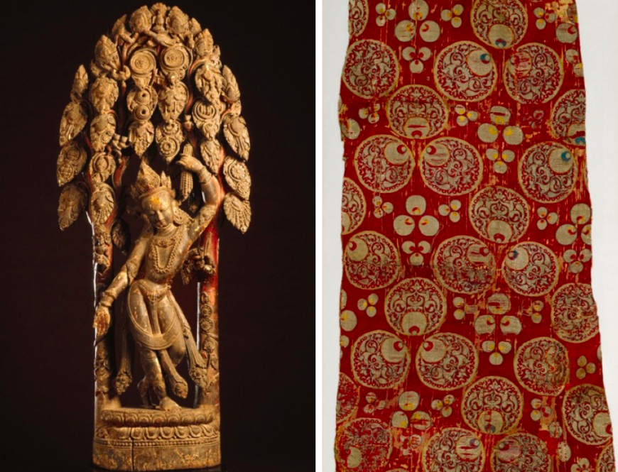 Çintemani Lokeshvara, circa del siglo XVI, hecho en Nepal. Madera con pintura, 52 1/2 in. de alto. Museo de Arte del Condado de Los Ángeles, regalo de Anna Bing Arnold, M.84.93. Fragmento de una Tela de Vestir o Mobiliario con Diseño Çintemani, a mediados del siglo XVI, realizada en Bursa o Estambul. Museo de Arte del Condado de Los Ángeles, el Edwin Binney la 3ª Colección de Arte Turco, M.85.237.1. Imágenes: www.lacma.org