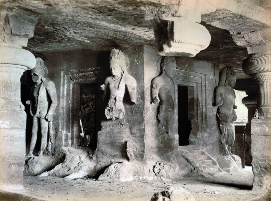 View of the linga shrine and its guardians before reconstruction, photo taken c. 1875, Elephanta Cave of Shiva, c. 6th century C.E. Gharapuri island (photo: public domain)