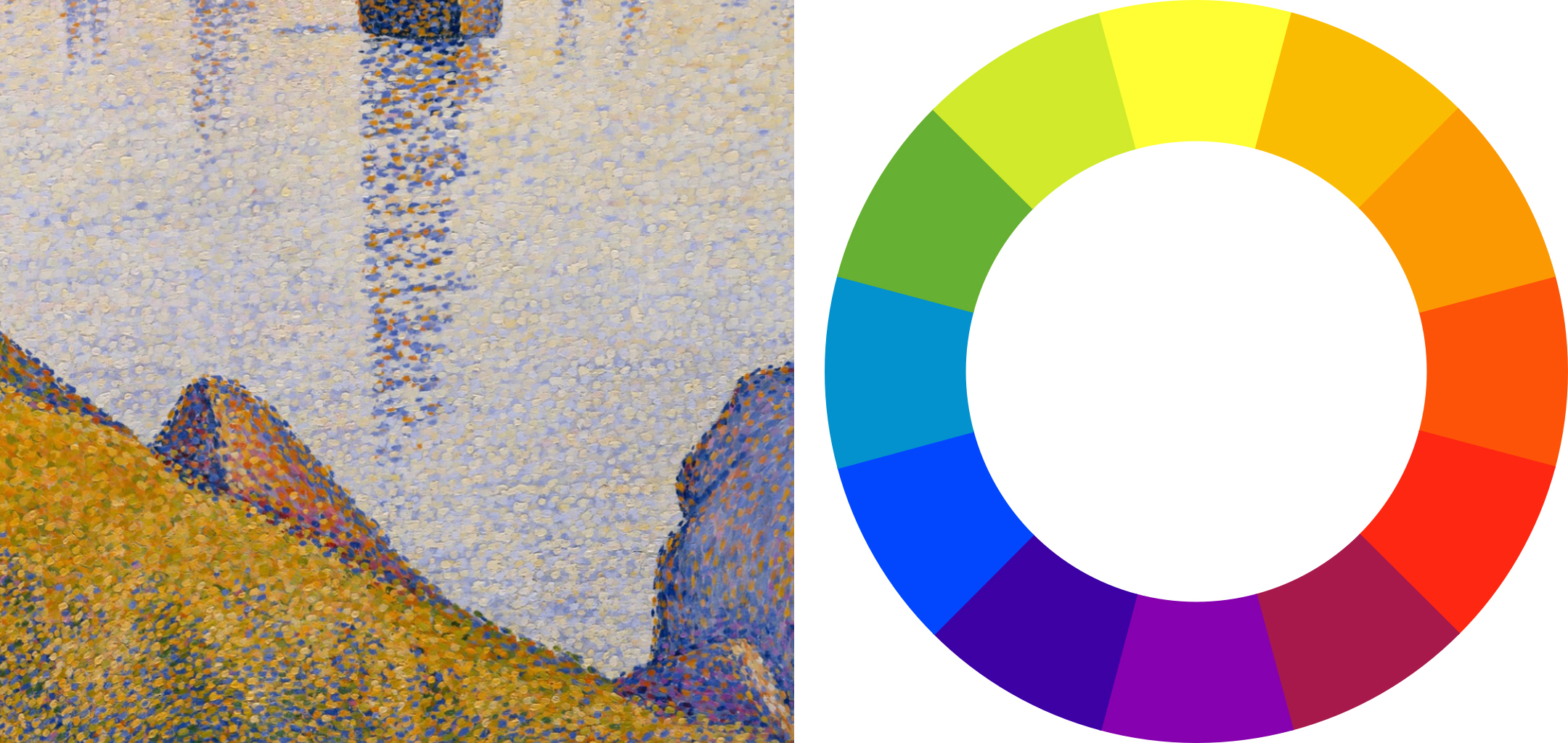 Left: Paul Signac, Evening Calm, Concarneau, Opus 220 (Allegro Maestoso), detail, 1891, oil on canvas, 64.9 x 81.3 cm (The Metropolitan Museum of Art); Right: The color wheel