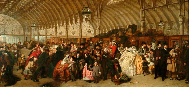 William Powell Frith, The Railway Station, oil on canvas 116.7 x 256.4 cm (Royal Holloway, University of London)