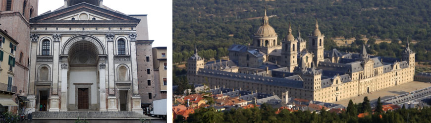 Left: Leon Battista Alberti, Basilica of Sant’Andrea, 1472-90, Mantua (Italy) (photo: Steven Zucker, CC: BY-NC-SA 3.0); right: El Escorial, begun 1563, near Madrid, Spain
