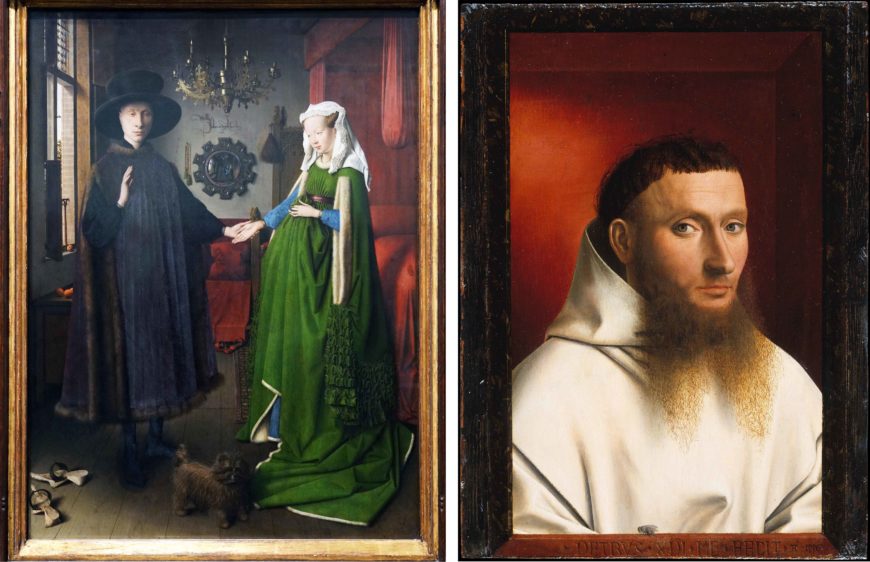 Left: Jan Van Eyck, The Arnolfini Portrait (detail), 1434, tempera and oil on oak panel, 82.2 x 60 cm (National Gallery, London); right: Petrus Christus, Portrait of a Carthusian, 1446 (Metropolitan Museum of Art, New York)