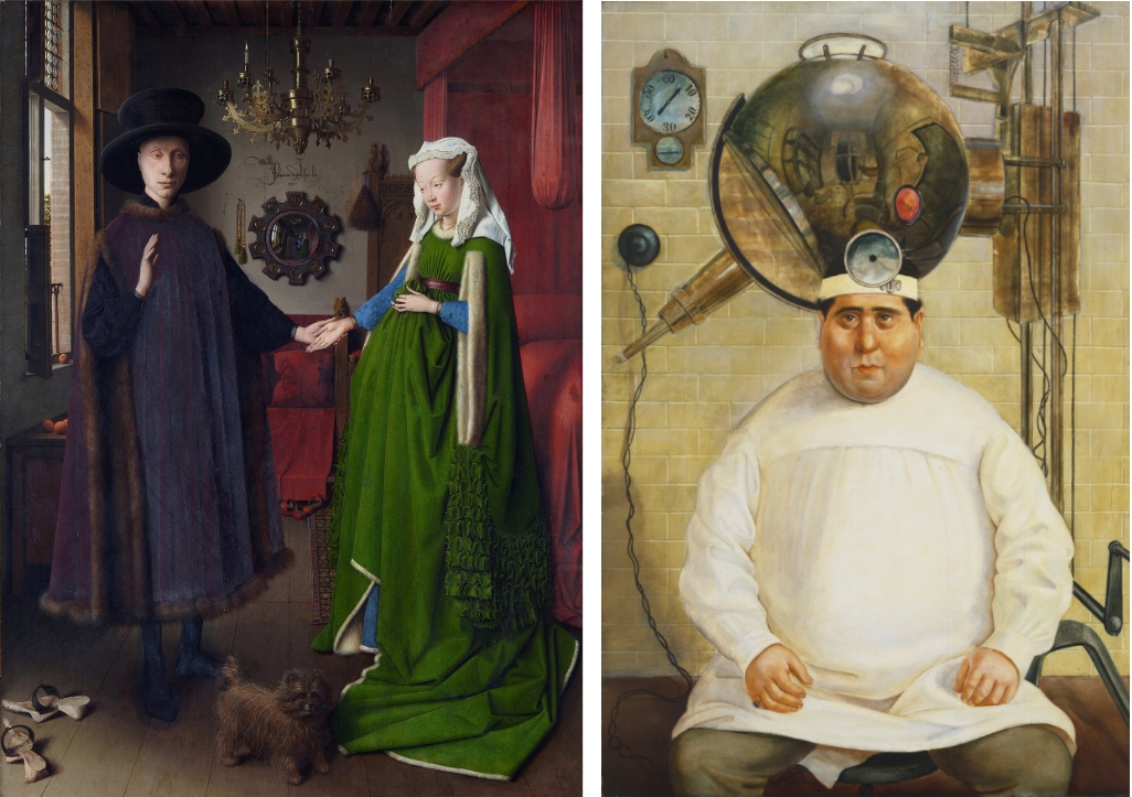 Left: Jan van Eyck, Arnolfini Portrait, 1434, oil on panel, 82.2 x 60 cm (National Gallery, London); right: Otto Dix, Dr. Mayer-Hermann, 1926, oil and tempera on wood, 58 3/4 x 39 inches (MoMA)