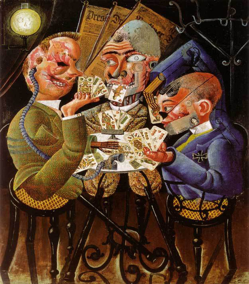 Otto Dix, The Skat Players — Card-Playing War Invalids, 1920, oil and collage on canvas, 110 x 87 cm (Nationalgalerie, Berlin)