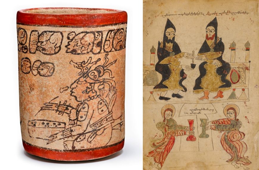 Two images on different supports depicting scribes at work, illustrating the collaborative undertaking of book-making. Left: Gospel book, 1386, made in Lake Van, historic Armenian kingdom. Black ink and watercolor on paper, 9 7/16 × 6 1/2 in. The J. Paul Getty Museum, Ms. Ludwig II 6 (83.MB.70), fol. 13v. ; right: Codex-Style Cylinder Vessel with Scribes, 650–800, Guatemala or Mexico, Northern Petén or Southern Campeche, Maya. Ceramic. Los Angeles County Museum of Art, M.2010.115.562.