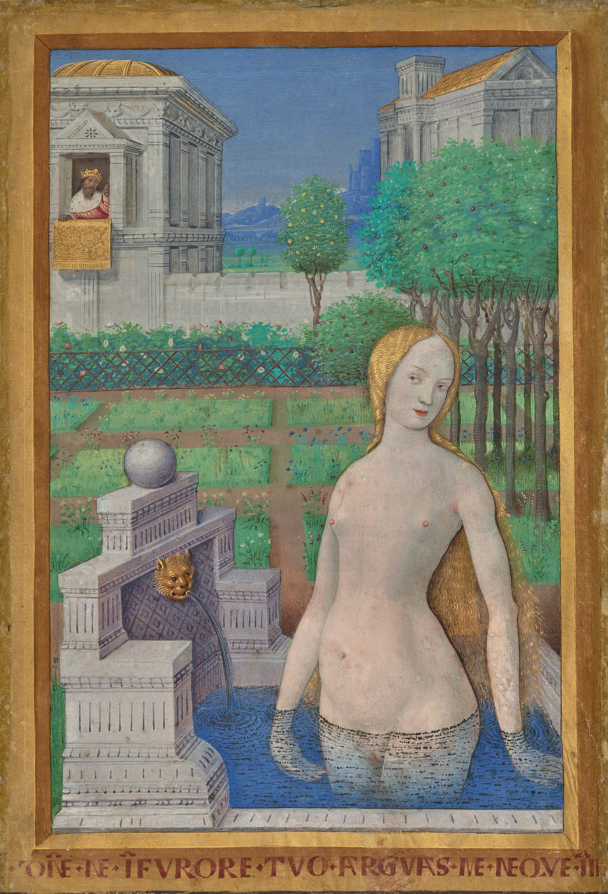 Jean Bourdichon, Bathsheba Bathing from the Hours of Louis XII, 1498–99. Tempera colors and gold on parchment, 9 9/16 x 6 11/16 in. (The J. Paul Getty Museum, Ms. 79, recto)