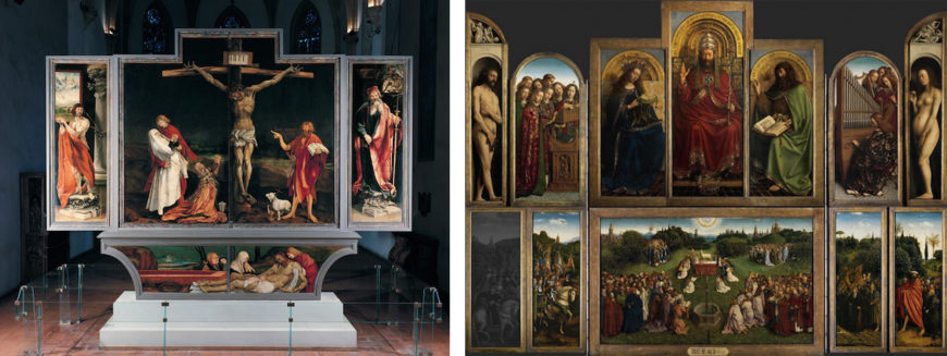 Left: Matthias Grünewald, Isenheim Altarpiece, view in the chapel of the Hospital of Saint Anthony, Isenheim, c. 1510-15, oil on wood, 9′ 9 1/2″ x 10′ 9″ (closed) (Unterlinden Museum, Colmar, France); right: Jan van Eyck, Ghent Altarpiece (open), completed 1432, oil on wood, 11 feet 5 inches x 15 feet 1 inch (open), Saint Bavo Cathedral, Ghent, Belgium. Note: Just Judges panel on the lower left is a modern copy (photo: Closer to Van Eyck)