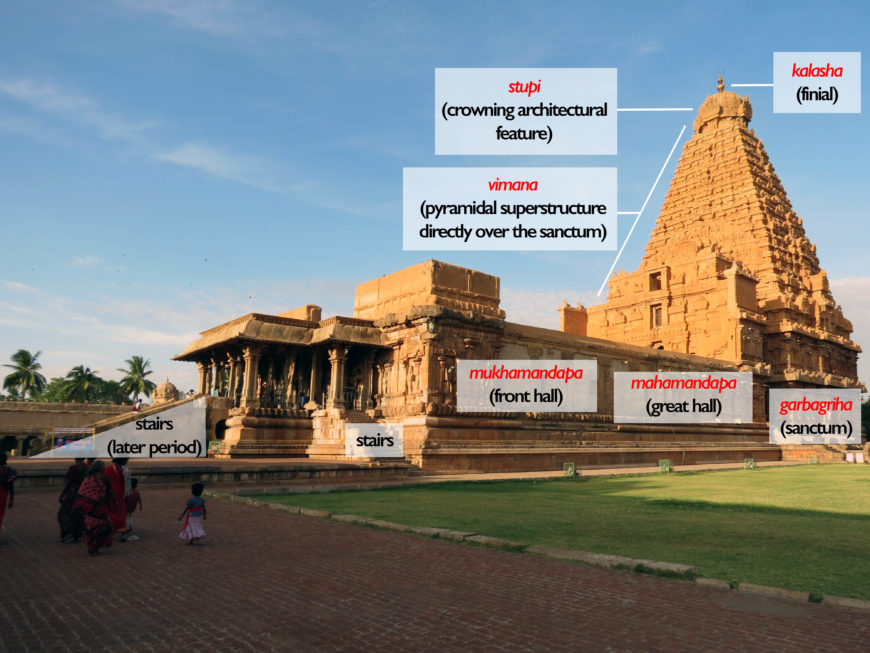 Annotated view of Rajarajesvara temple, c. 1004–1010, Chola period, Tanjavur, Tamil Nadu (photo: Arathi Menon, CC BY-SA-NC 4.0)