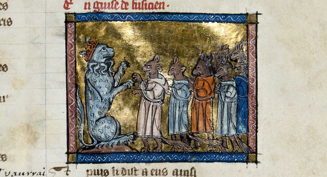 Reynard Disguised as a Doctor before King Noble (detail) from New Adventures of Reynard, after 1292, Jacquemart Giélée, made in France, parchment, 11 3/16 × 7 7/8 inches (Bibliothèque nationale de France, Paris, Ms. fr. 372, fol. 36)