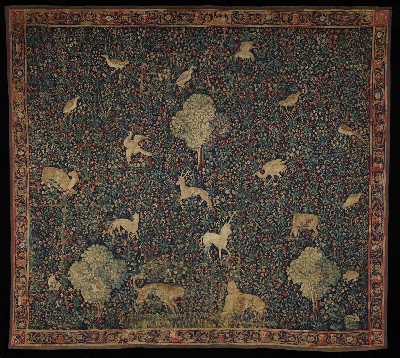 Tapestry with Flowers and Animals, about 1530–45, unknown creator, made in Belgium, wool, silk, tapestry weave, 11 ft. 6 7/8 in. x 13 ft. 1 3/4 inches (Minneapolis Institute of Art, Gift of Mrs. C.J. Martin in memory of Charles Jarius Martin, 34.4)