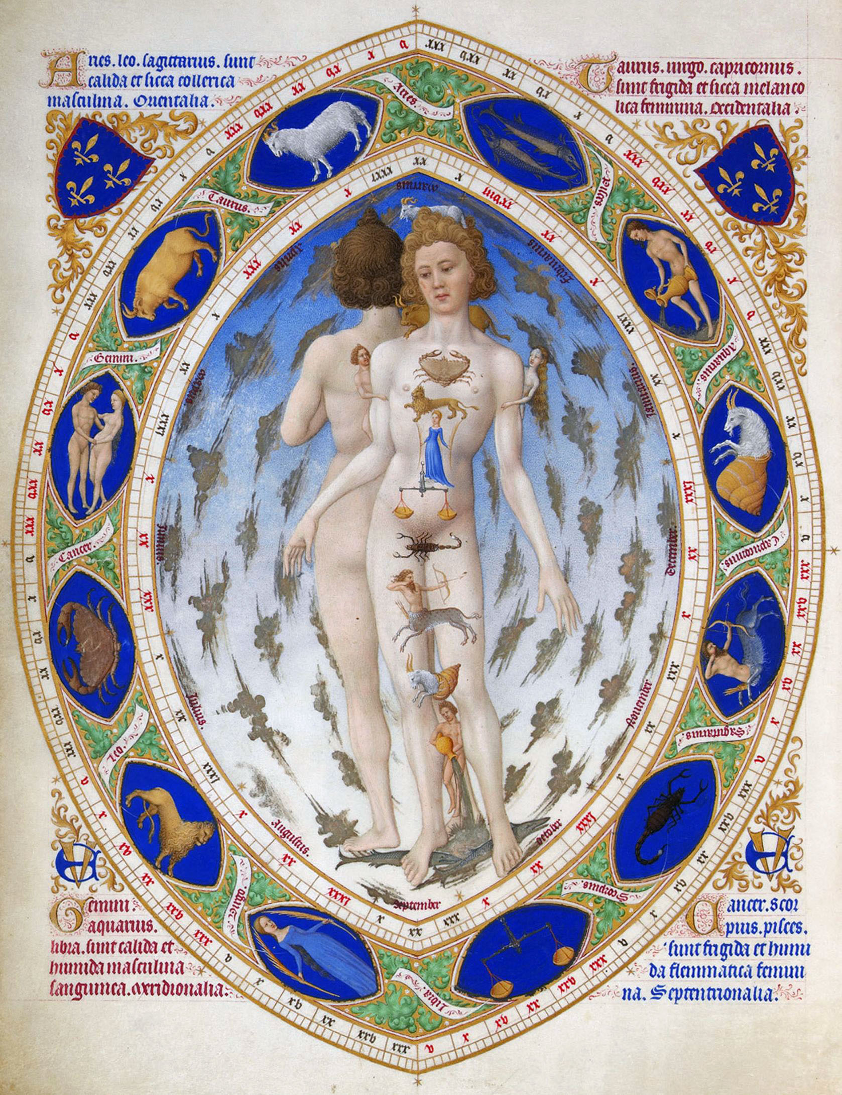 Herman, Paul and Jean de Limbourg, Zodiacal man, from Les Très Riches Heures du Duc de Berry, 1413-16, ink on vellum (Musée Condé, Chantilly). The image is divided by quadrants marked by Latin inscriptions describing the properties of each sign according to the four humors.