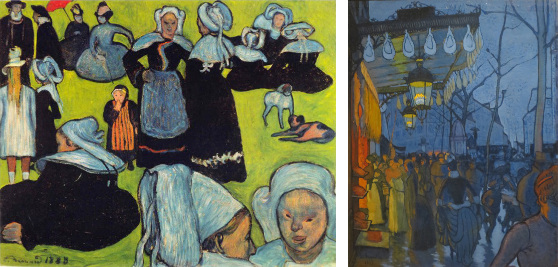 Left: Emile Bernard, Breton Women in the Meadow, 1888, oil on canvas, 74 x 92 cm (private collection); Right: Louis Anquetin, Avenue de Clichy, le soir, cinq heurs, 1887, watercolor and gouache on paper (private collection)