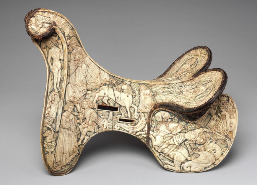 Parade Saddle, about 1450, unknown creator, made in Germany or Tyrol, bone, polychromy, wood, leather, iron alloy, 16 1/2 × 17 × 21 9/16 inches (The Metropolitan Museum of Art, New York, Rogers Fund, 1904, 04.3.250)