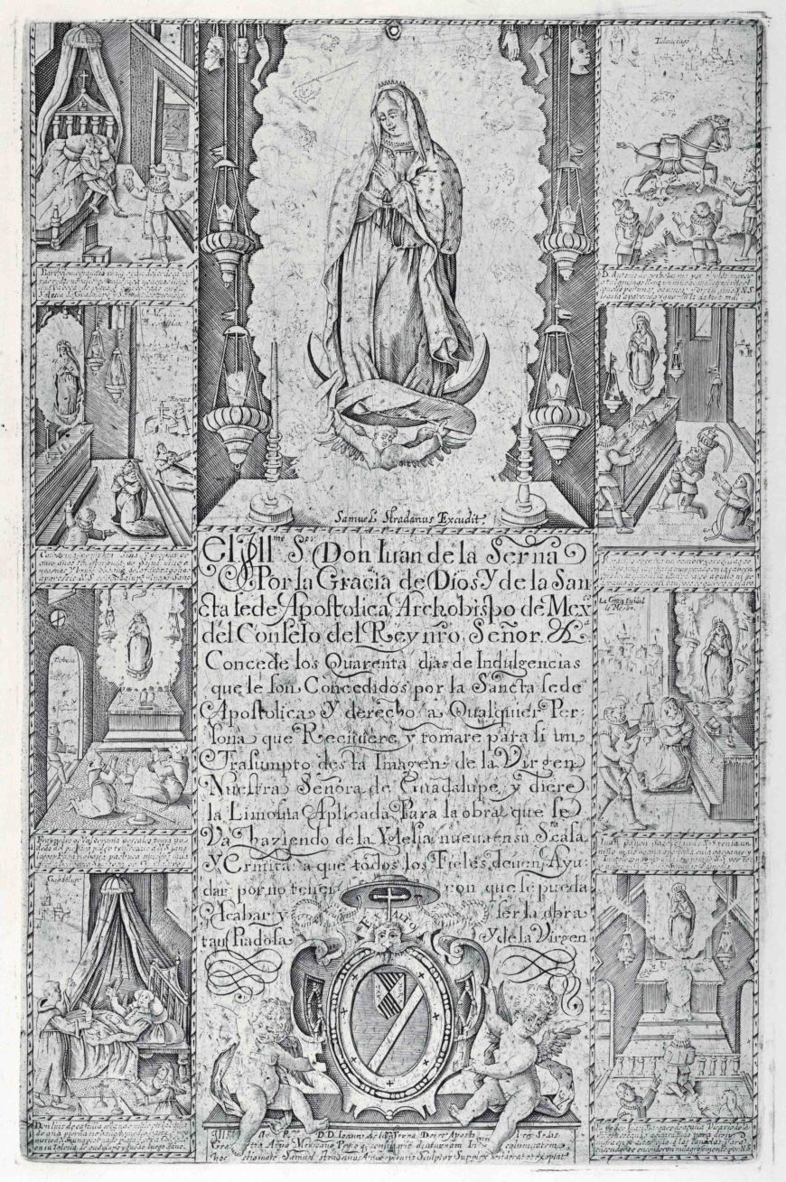 Samuel Stradanus, Indulgence for donation of alms towards the building of a Church to the Virgin of Guadalupe (modern facsimile impression), 1608 (facsimile 1930–40), engraving, 43 x 28 cm (The Metropolitan Museum of Art)