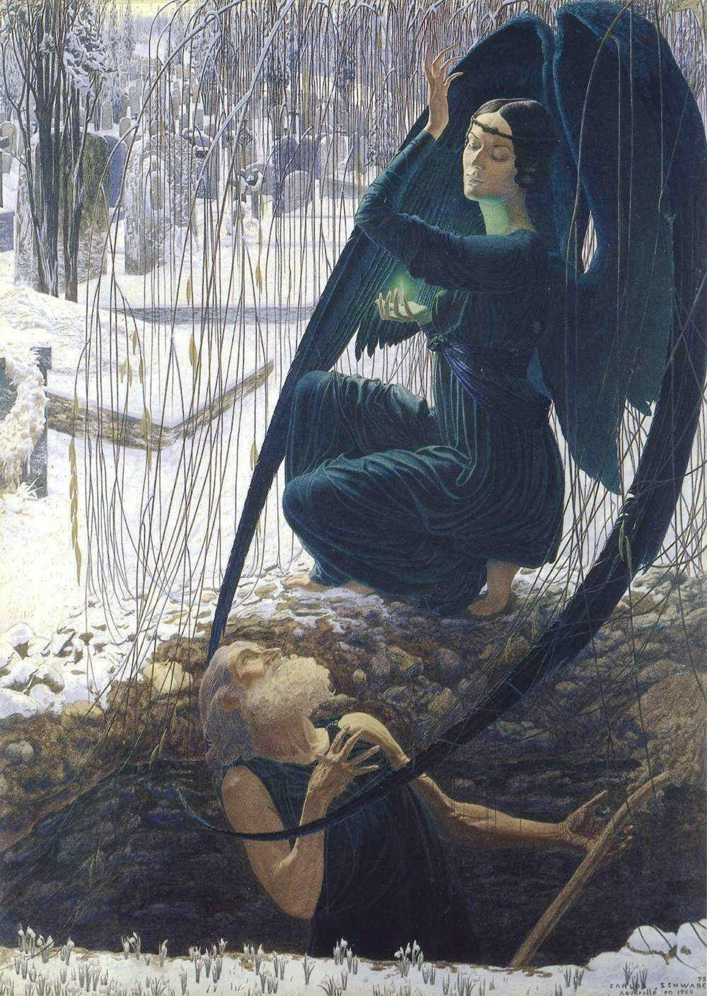 Carlos Schwabe, Death and the Gravedigger, c. 1895, watercolor and gouache on paper, 75 x 55.5 cm (Musée d’Orsay, Paris)