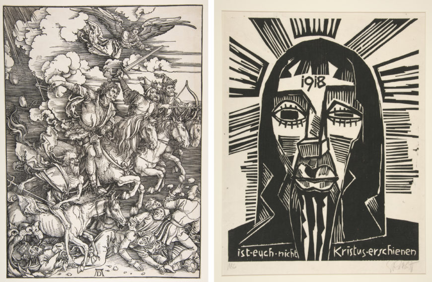 Left: Albrecht Dürer, Four Horsemen, from The Apocalypse, 1498, woodcut 14¼ x 11 (The Metropolitan Museum of Art); Right: Karl Schmidt-Rottluff, Did Christ not appear to you?, 1918, woodcut, 32 x 74.2 cm (Yale University Art Gallery)