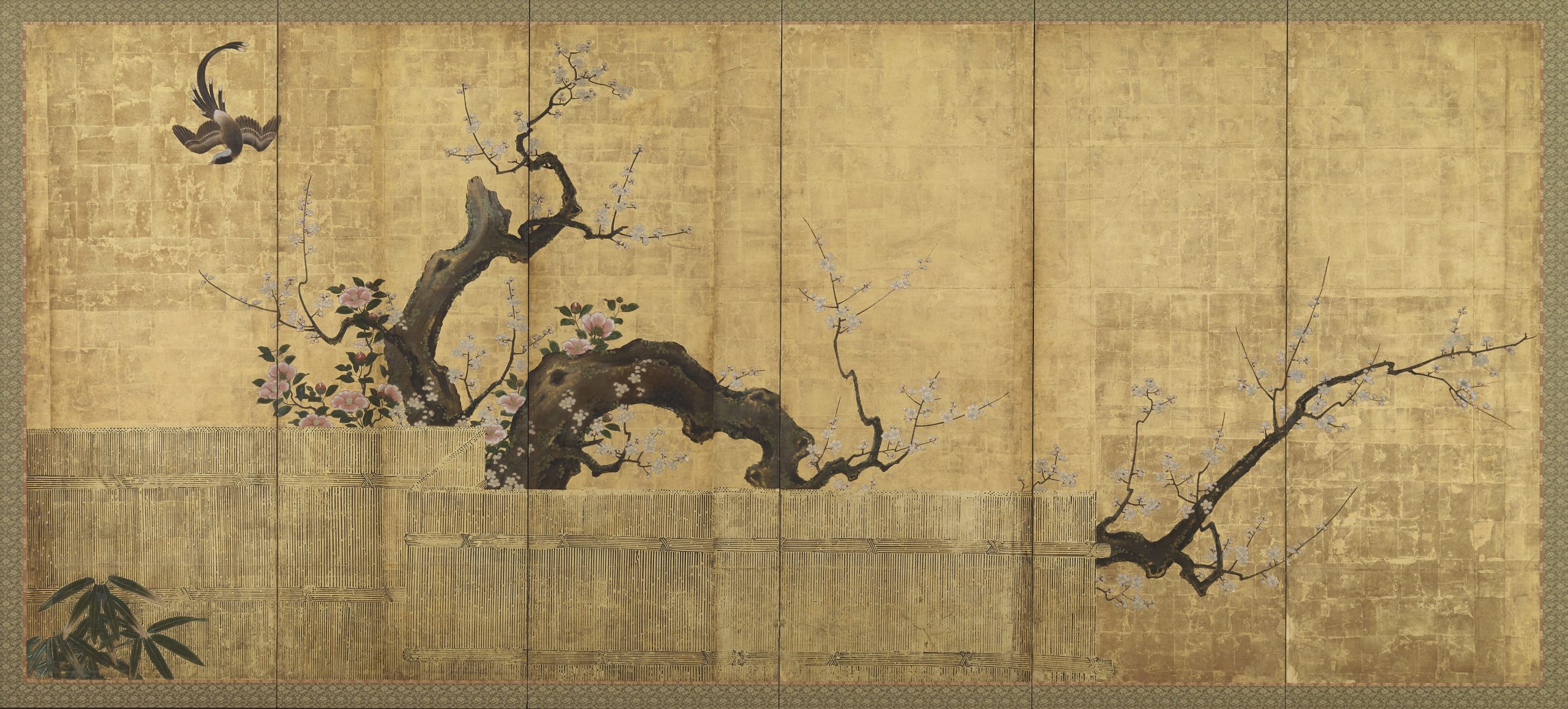 Kano Koi, Blossoming Plum and Camellia in a Garden Landscape, Edo Period, ink, color and gold on paper, 167.9 x 382 cm (National Museum of Asian Art, Washington)