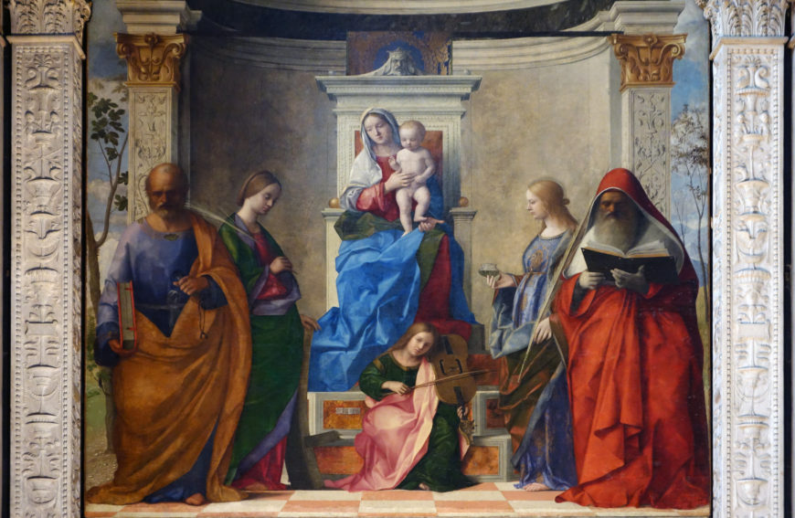 Giovanni Bellini, San Zaccaria Altarpiece (detail), 1505, oil on wood transferred to canvas, 16 feet 5-1/2 inches x 7 feet 9 inches (San Zaccaria, Venice)