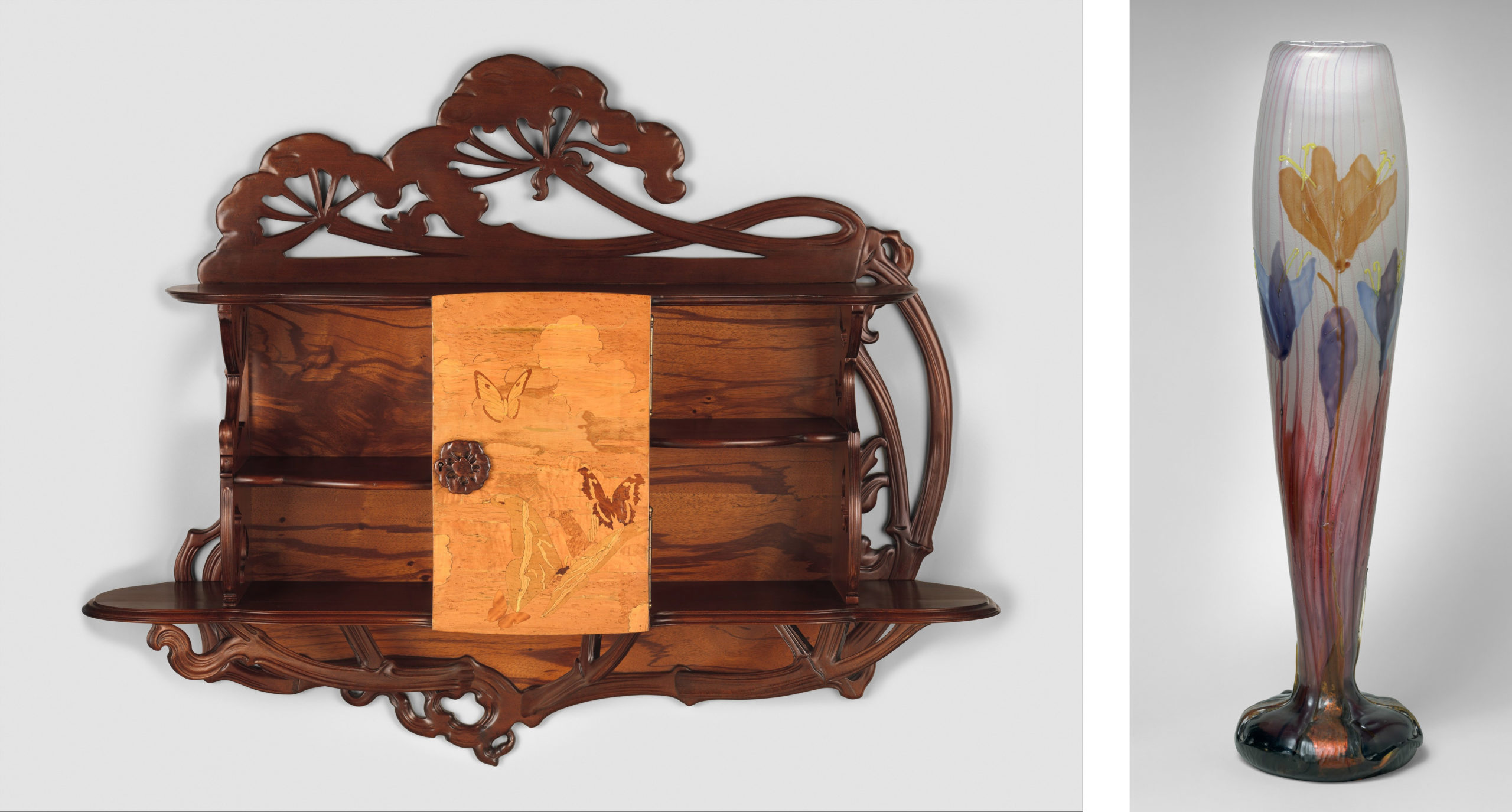 Left: Emile Gallé, “Ombellifères” Cabinet, c. 1900, various woods, 40 x 49 ½ x 12 inches (The Metropolitan Museum of Art, New York); Right: Emile Gallé, Autumn Crocus Vase, c. 1900, glass, 17 3/8 x 3 ¾ inches (The Metropolitan Museum of Art, New York)