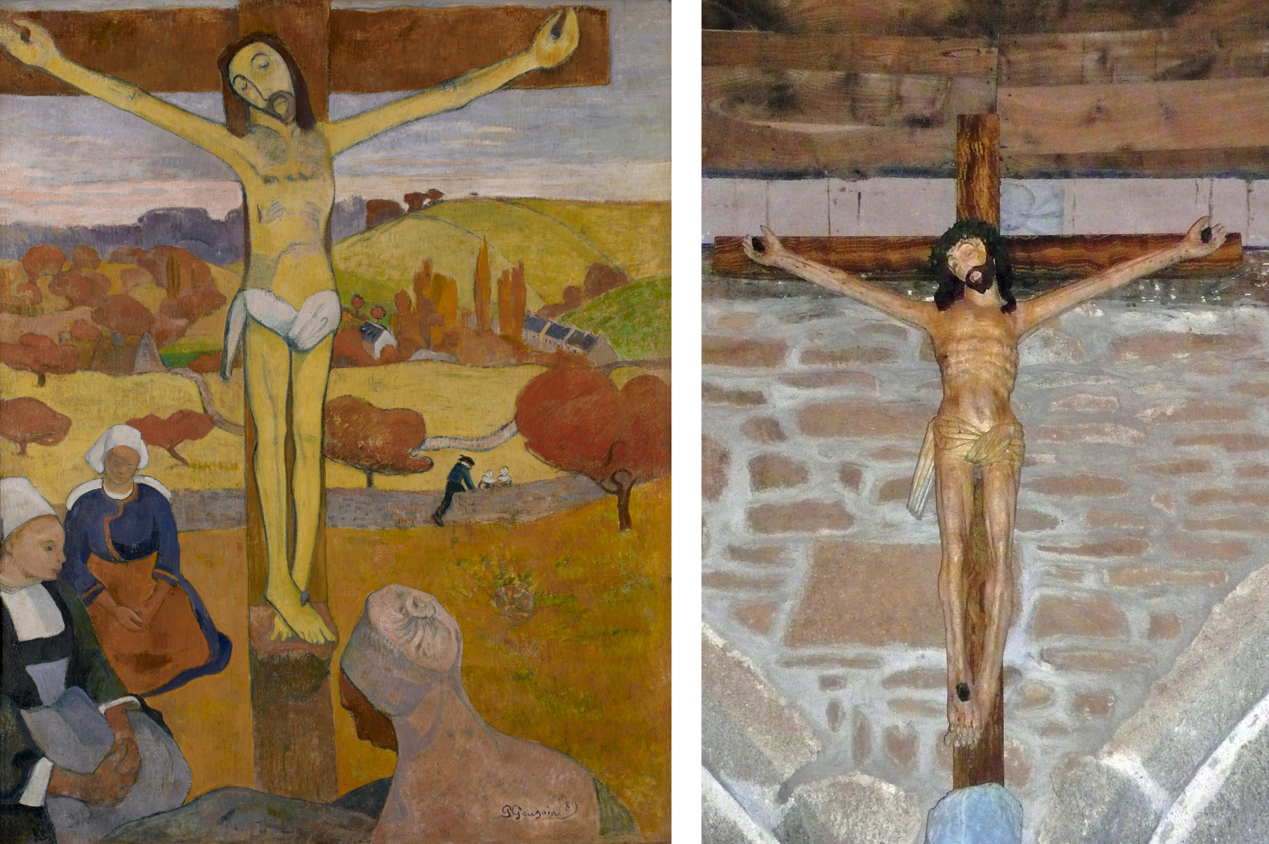 Left: Paul Gauguin, The Yellow Christ, 1889, oil on canvas, 91.1 x 73.4 cm (Albright-Knox Art Gallery); Right: Anonymous, Crucifix, Notre-Dame de Trémalo Chapel, Pont-Aven, 17th century, wood and polychrome (photo: © Yann Gwilhoù, CC-BY-SA 3.0)