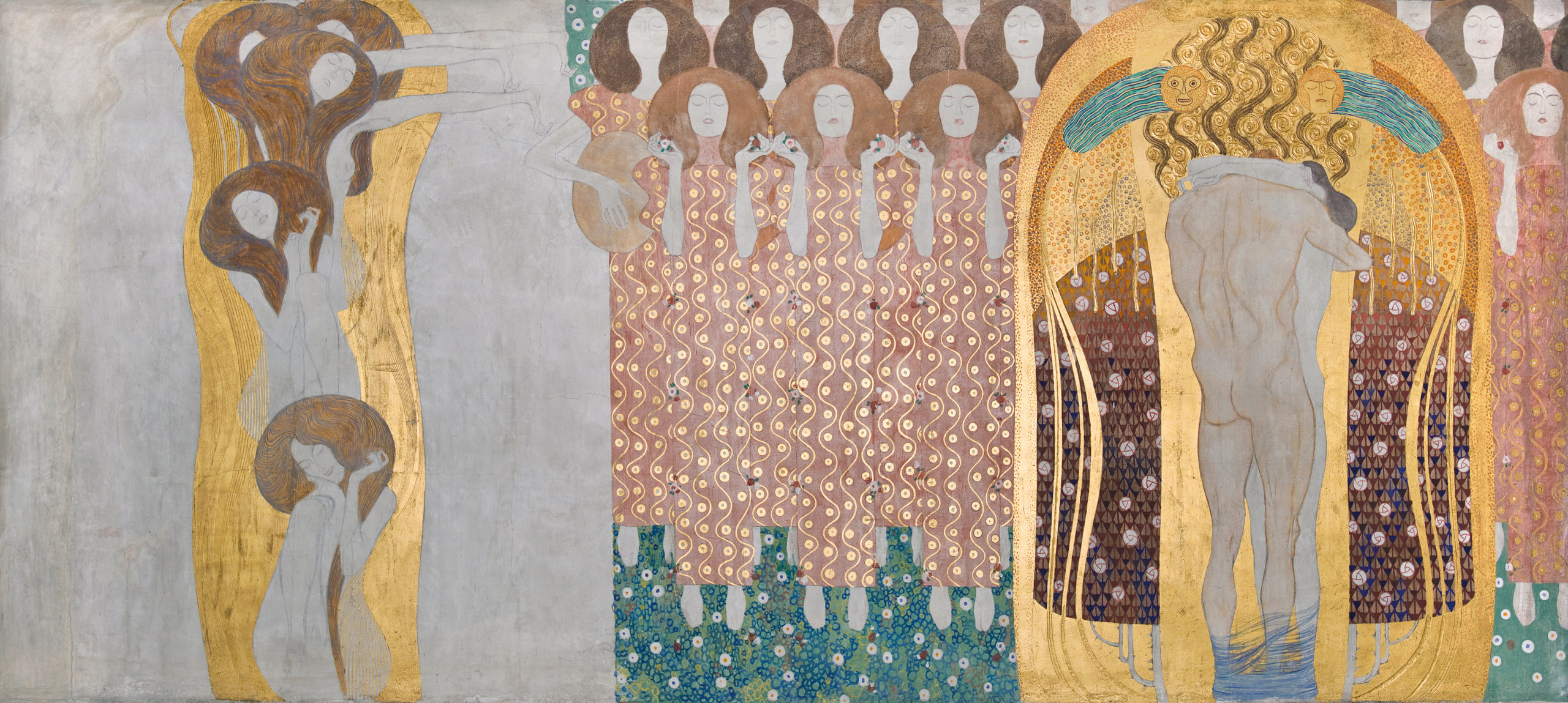 Gustav Klimt, Choir of Angels from the Beethoven Frieze, 1902, casein, stucco, gold, and semi-precious stones on plaster (Secession Building, Vienna)