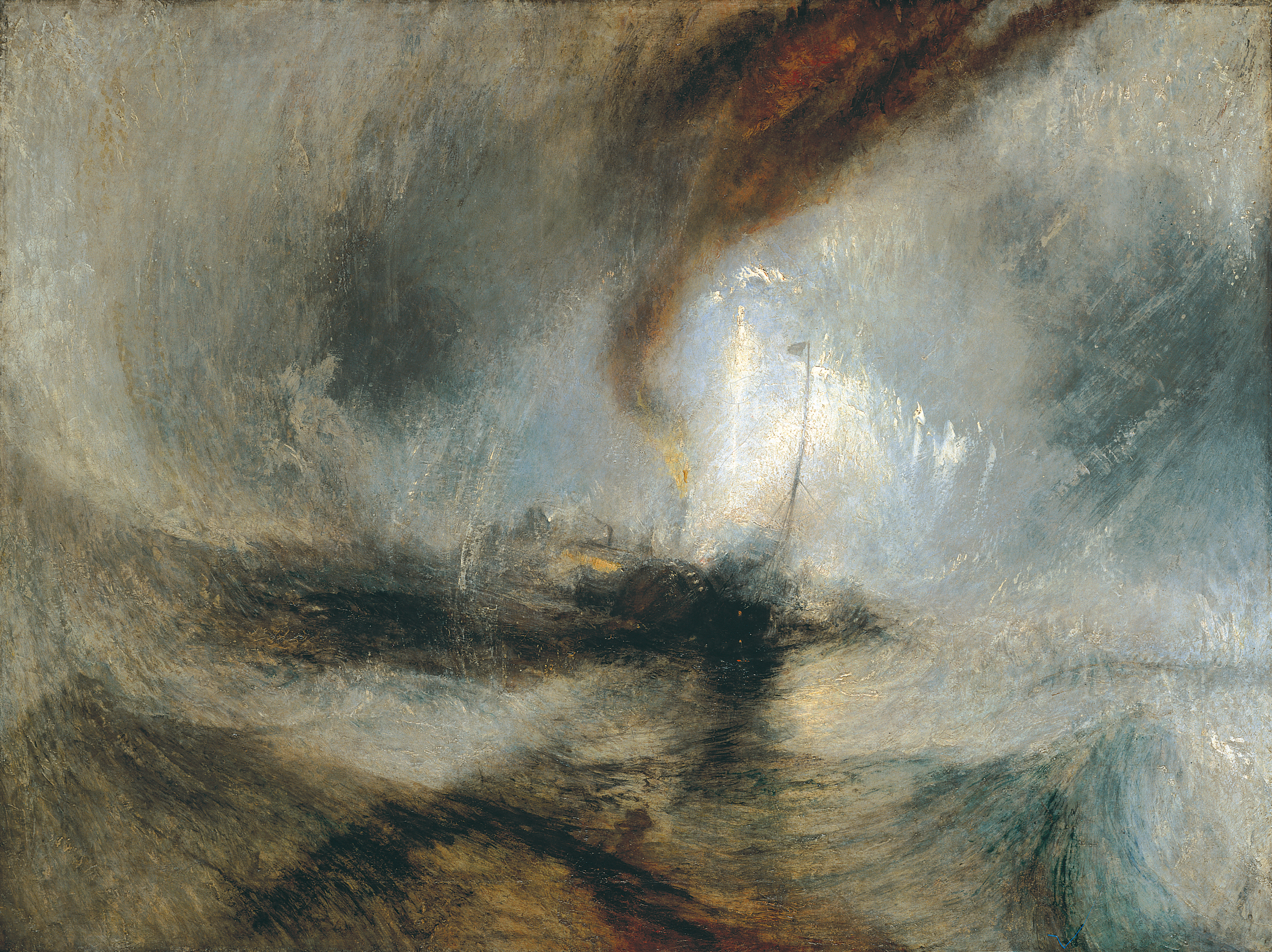James Mallord William Turner, Snow Storm – Steam-Boat off a Harbour's Mouth Making Signals in Shallow Water, and going by the Lead. The Author was in this Storm on the Night the "Ariel" left Harwich), 1842, Oil on canvas, 91 cm × 122 cm (Tate Britain, London)