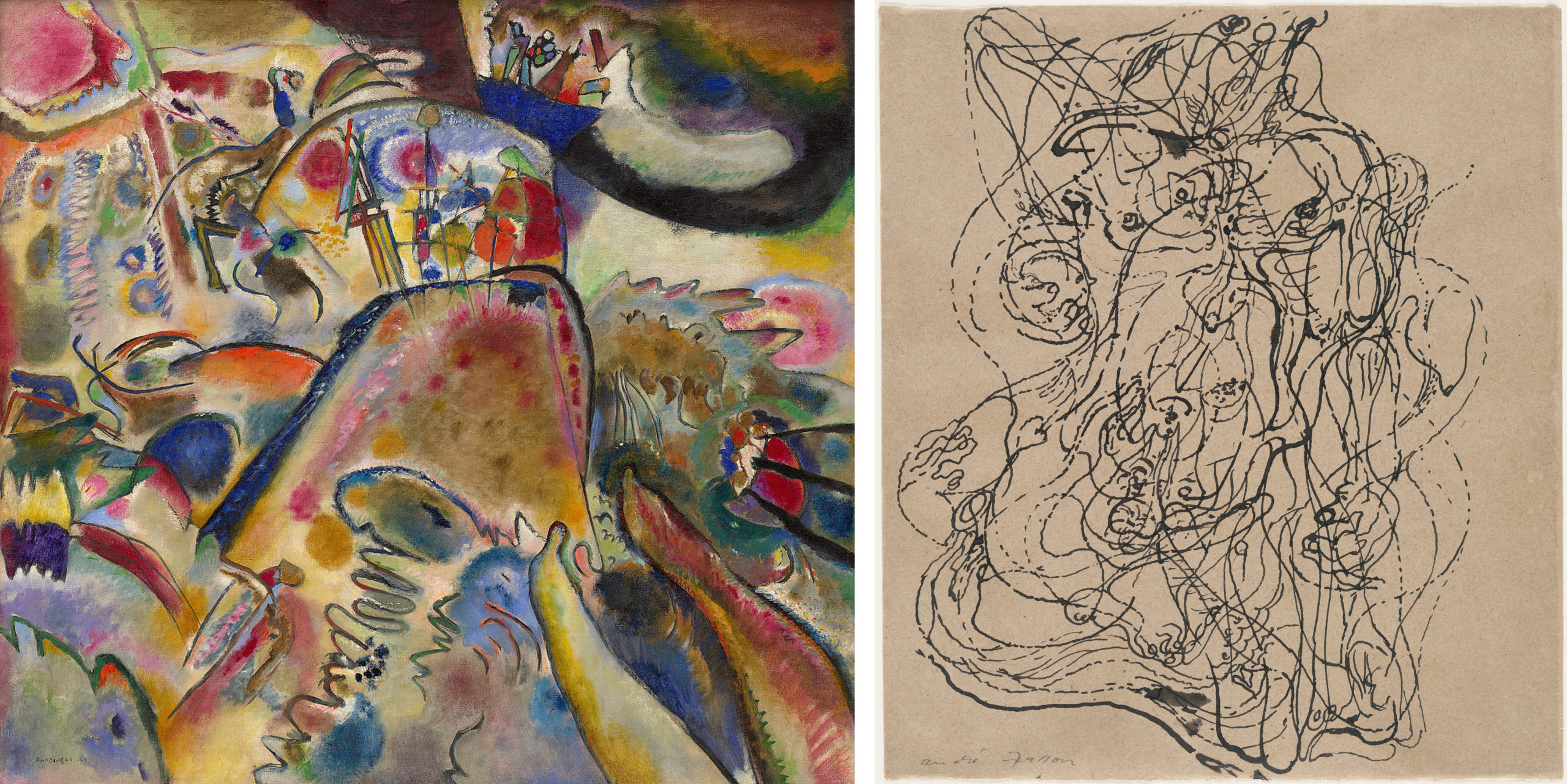 Left: Vasily Kandinsky, Small Pleasures, 1913, oil on canvas, 110.2 x 119.4 cm (Solomon R. Guggenheim Museum, New York); Right: André Masson, Automatic Drawing, 1924, ink on paper, 23.5 x 20.6 cm (MoMA)