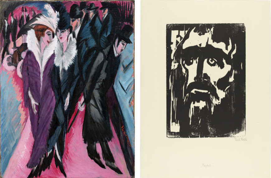 Left: Ernst Ludwig Kirchner, Street, Berlin, 1913, oil on canvas, 120.6 x 91.1 cm (MoMA); Right: Emil Nolde, The Prophet, 1912, woodcut, 50 x 36.5 cm (MoMA)