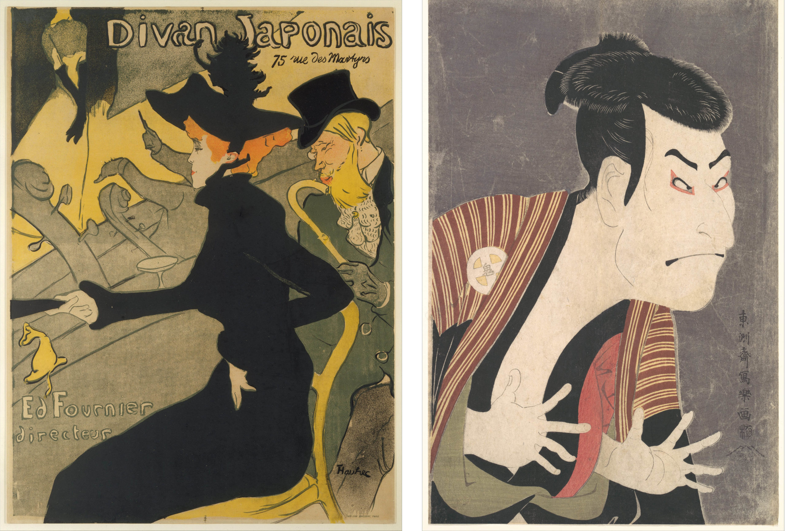 Left: Henri de Toulouse-Lautrec, Divan Japonais,1892-3, color lithograph, 80.8 x 60.8 cm (Metropolitan Museum of Art, New York); Right: Toshusai Sharaku, Kabuki Actor Otani Oniji, 1794, woodblock print, 38.1 x 35.1 cm (Metropolitan Museum of Art, New York)