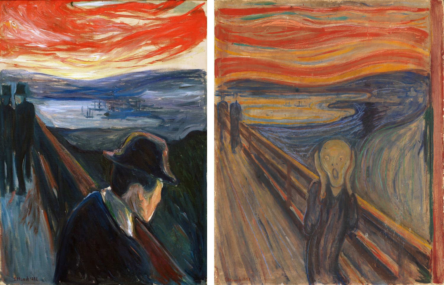 Left: Edvard Munch, Despair (Sick Atmosphere at Sunset), 1892, oil on canvas, 92 x 67 cm (Munch Museum, Oslo); Edvard Munch, The Scream, 1893, pastel and tempera on cardboard, 91 x 73.5 cm (National Art Gallery, Oslo)