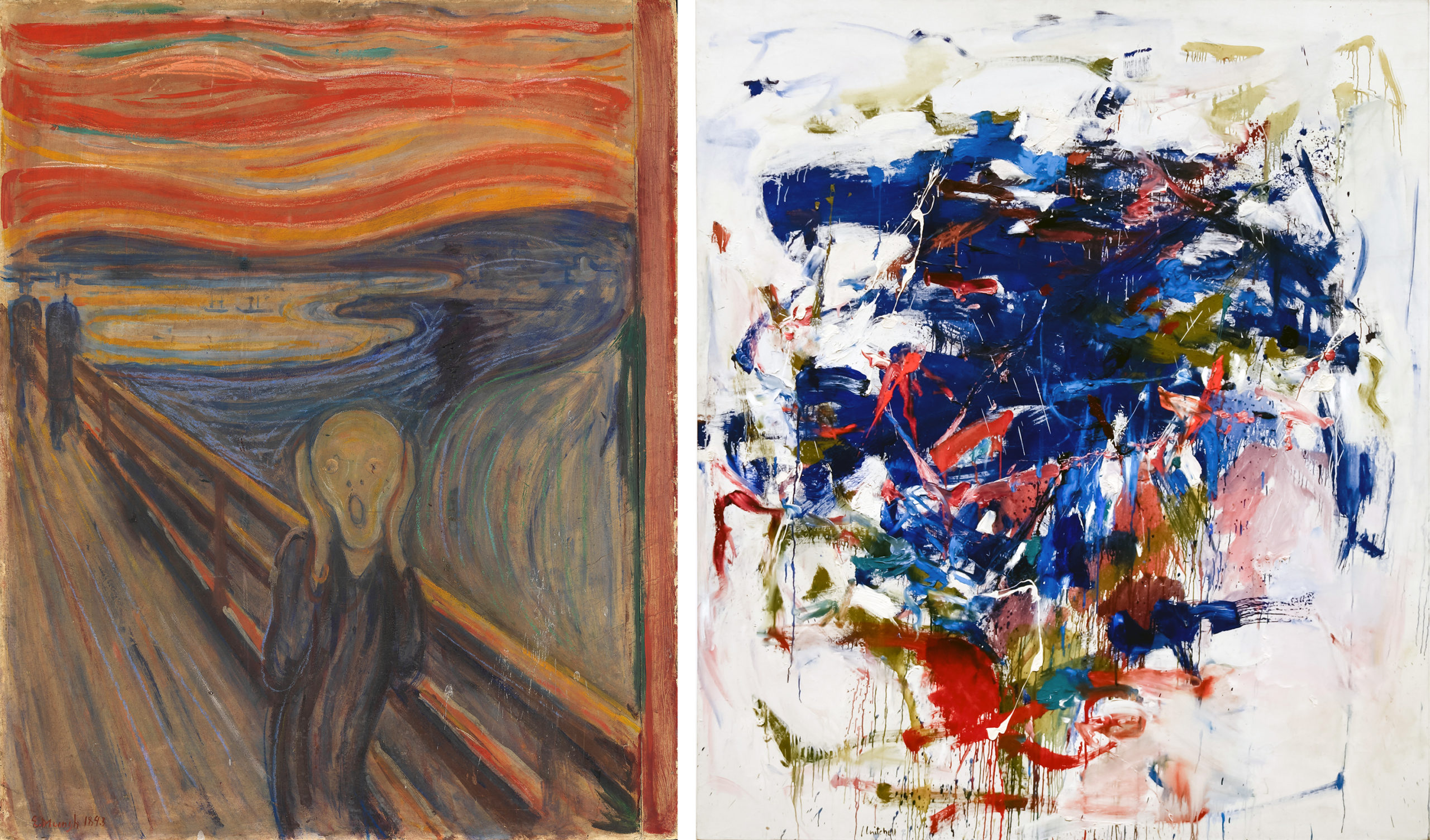 Left: Edvard Munch, The Scream, 1910, tempera on board, 66 x 83 cm (The Munch Museum, Oslo); Right: Joan Mitchell, Rock Bottom, 1960-61, oil on canvas, 198.1 x 172.7 cm (Blanton Museum, Austin, TX)