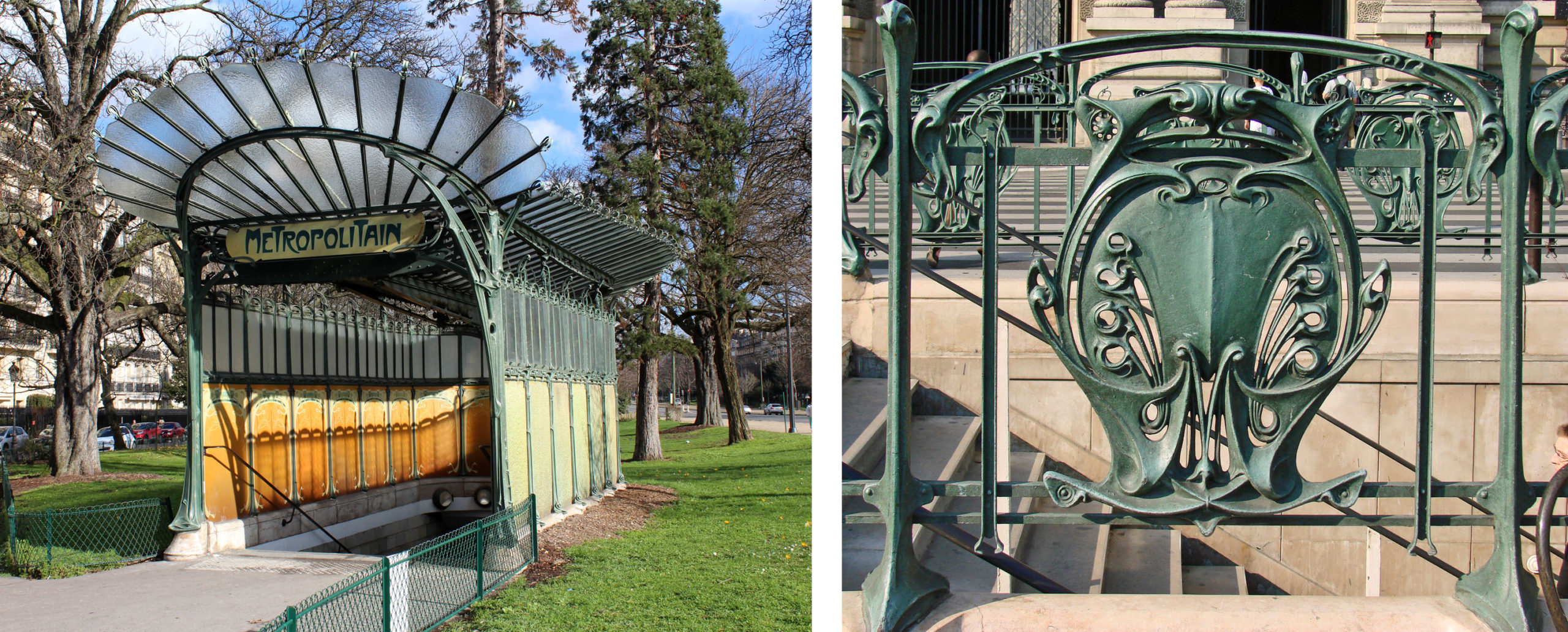 Left: Hector Guimard, Porte Dauphine, Metro entrance, 1900, Paris (photo: Chabe01, CC BY-SA 4.0); Right: Hector Guimard, Metro ironwork, detail (photo: Jean-Pierre Dalbéra, (CC BY 2.0)