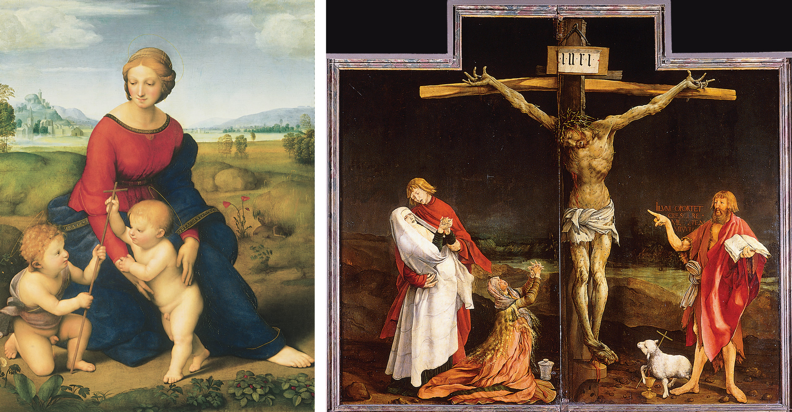 Left: Raphael, Madonna del Prato, 1506, oil on board, 113 x 88 cm (Kunsthistorische Museum, Vienna); Right: Matthias Grünewald, Crucifixion from the Isenheim Altarpiece, 1512-16 (Unterlinden Museum, Colmar, France)