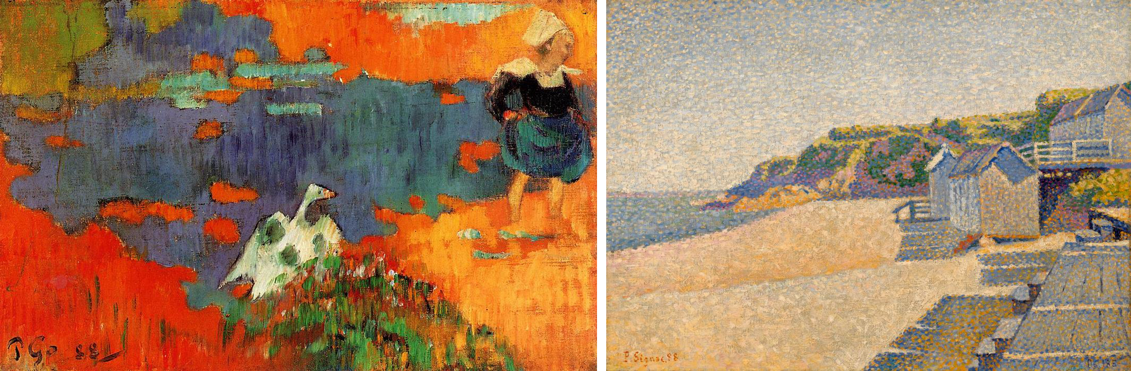 Left: Paul Gauguin, Breton Girl and Goose by the Water, 1888, oil on canvas, 25.1 x 39.4 cm (private collection); Right: Paul Signac, The Bathing Cabins, Opus 185 (Beach of the Countess), 1888, oil on canvas, 33.3 x 46.4 cm (Nelson-Atkins Museum of Art)