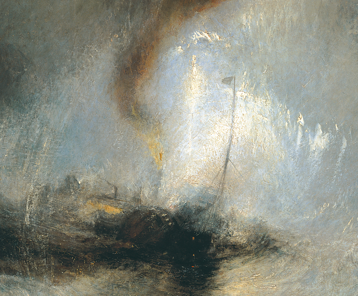 James Mallord William Turner, detail, Snow Storm – Steam-Boat off a Harbour's Mouth Making Signals in Shallow Water, and going by the Lead. The Author was in this Storm on the Night the "Ariel" left Harwich), 1842, oil on canvas, 91 cm × 122 cm (Tate Britain, London)