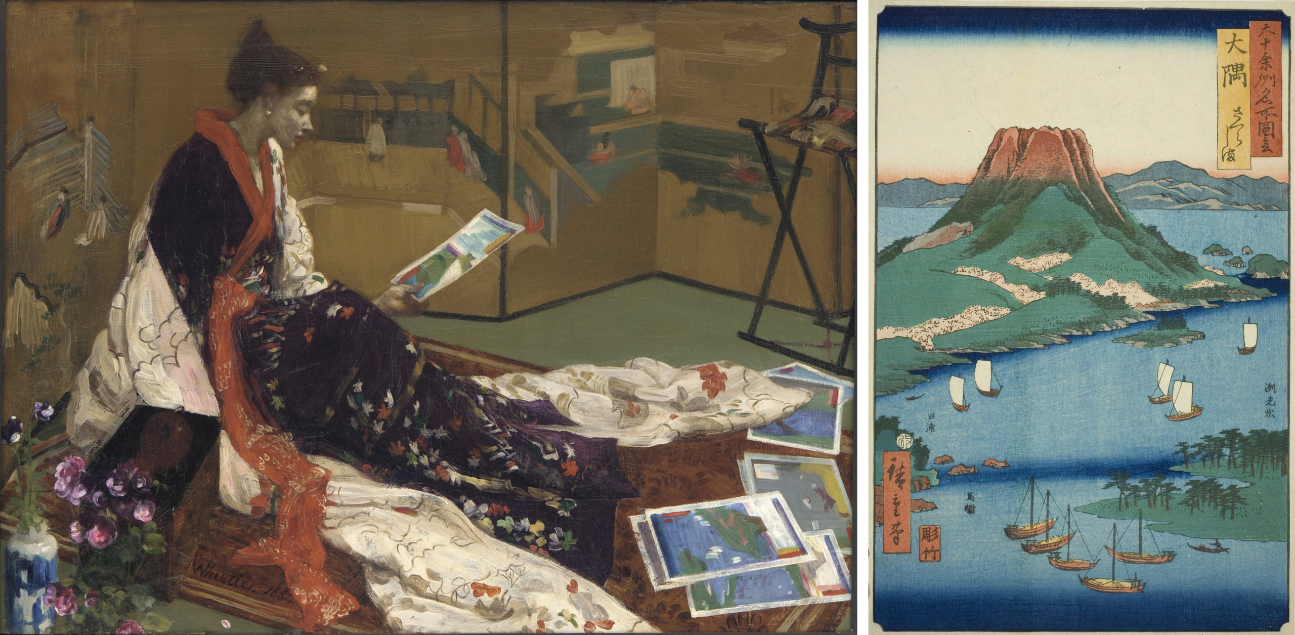Left: James McNeil Whistler, Caprice in Purple and Gold: The Golden Screen, 1864, oil on wood, 50.1 x 68.5 cm (National Museum of Asian Art, Washington, DC); Right: Utagawa Hiroshige, Osumi Sakurajima, from Famous Views of Sixty-odd Provinces, 1856, woodblock print, 36.8 x 23.5 cm (The Art Institute of Chicago)